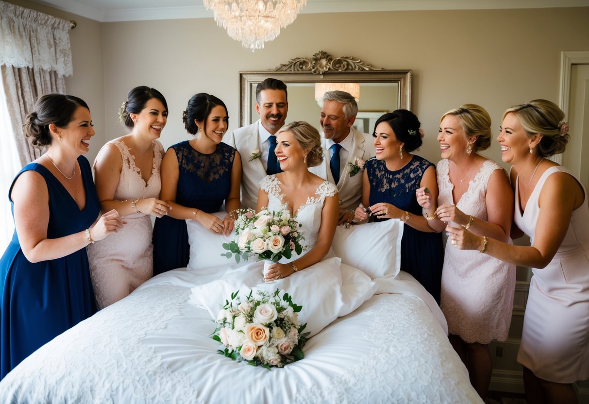 A cozy bedroom with a bed adorned with lace and flowers, surrounded by the bride's closest friends and family, sharing laughter and memories