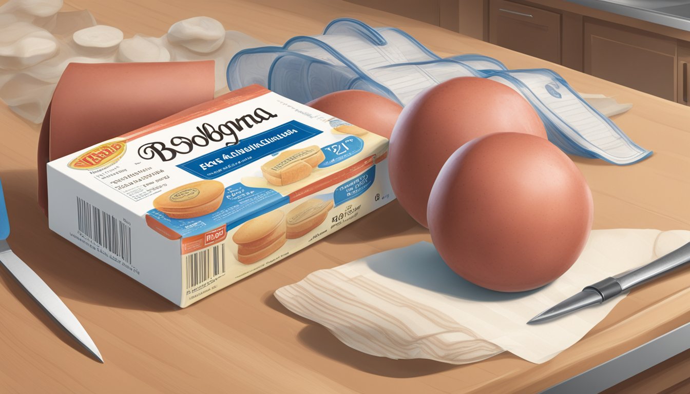 A package of bologna sits on a kitchen counter, next to a calendar showing the current date. The bologna is unopened and appears fresh