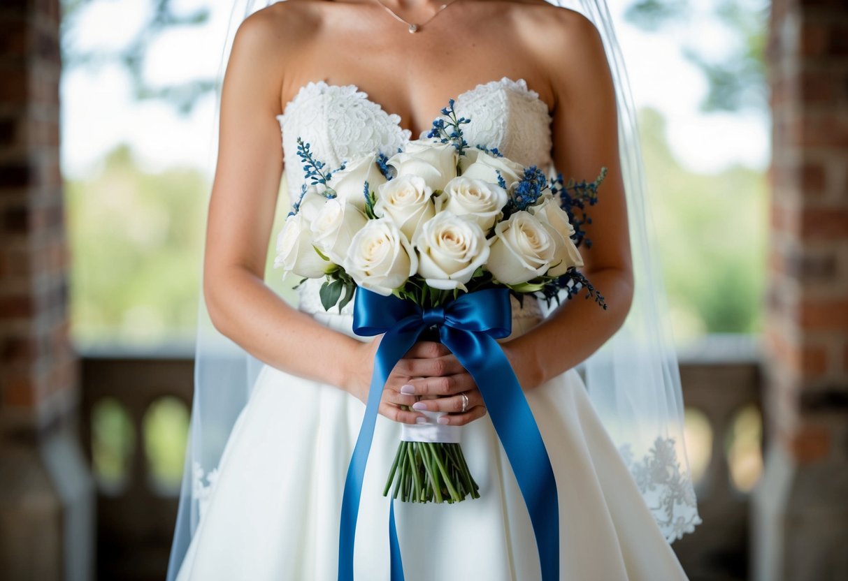 A bride holds a delicate blue ribbon, intertwined with her bouquet of white roses, symbolizing the meaningful connection and sentimental value of the tradition