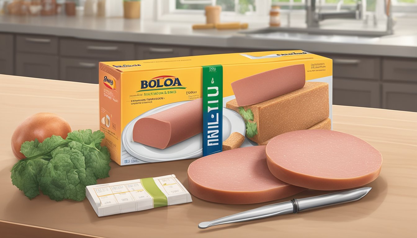 A package of bologna sits on a kitchen counter, surrounded by a calendar and a thermometer. The bologna appears fresh and unopened