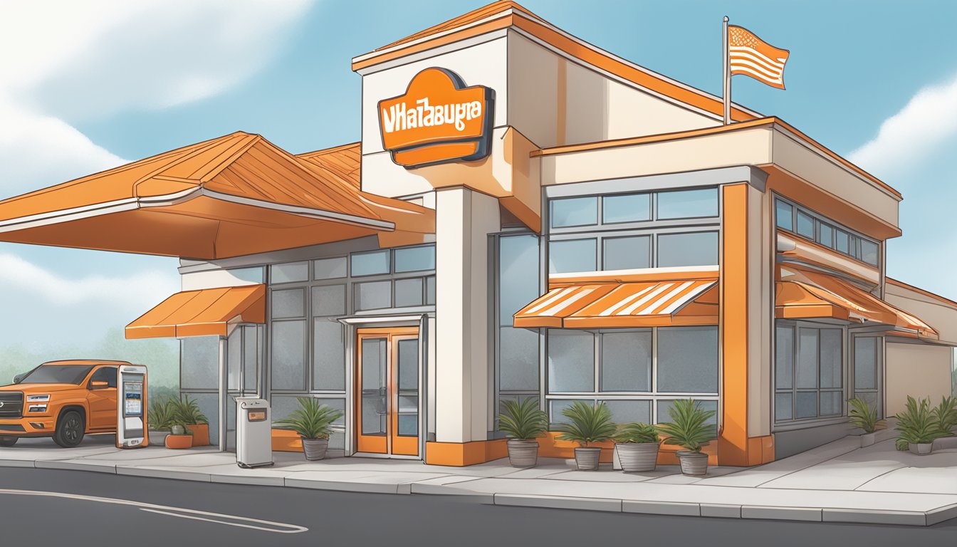 The Whataburger logo displayed with various promotional signs and a mobile device with an Apple Pay transaction