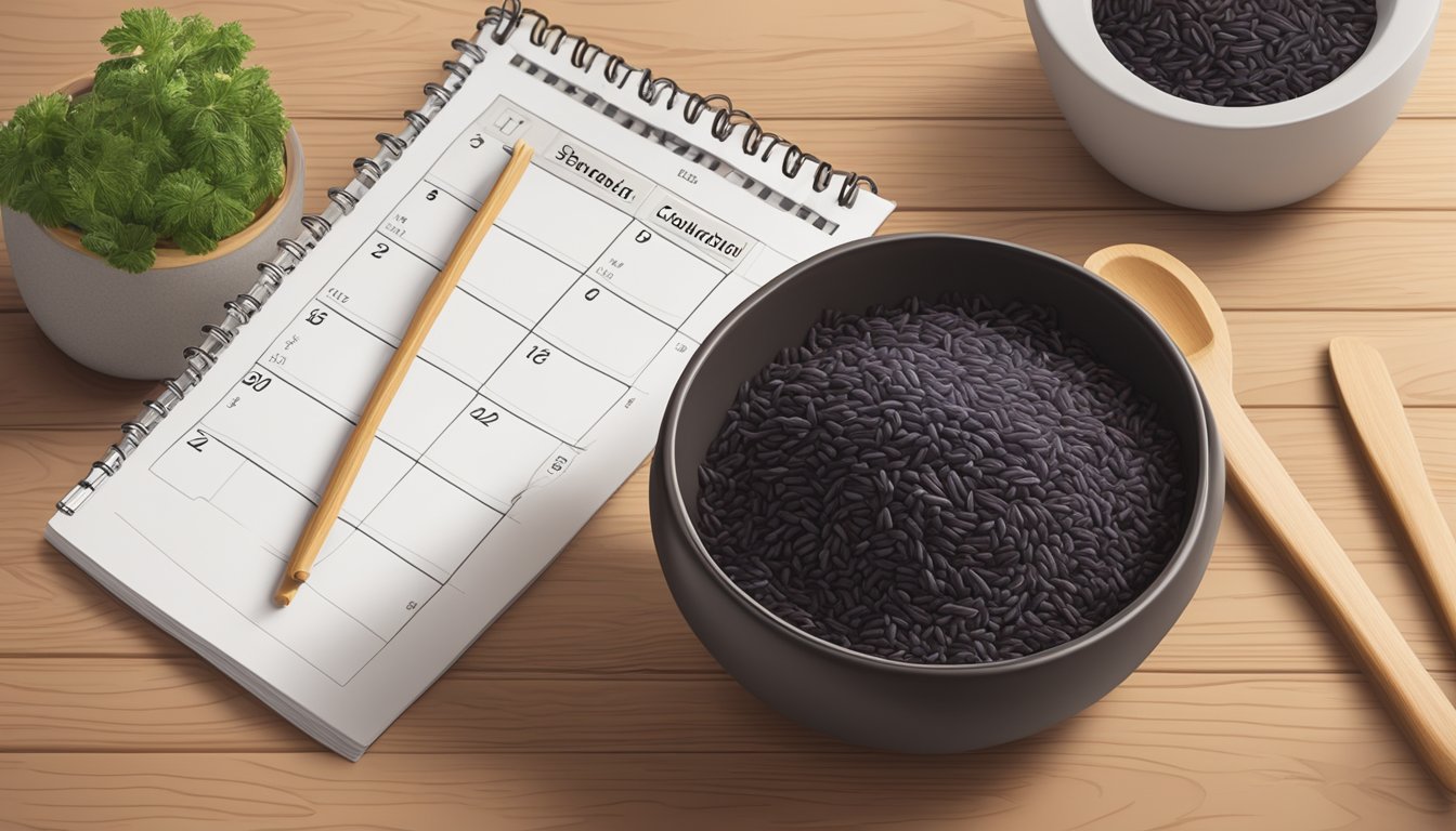 A bowl of uncooked black rice sits on a wooden kitchen counter next to a calendar indicating the current date