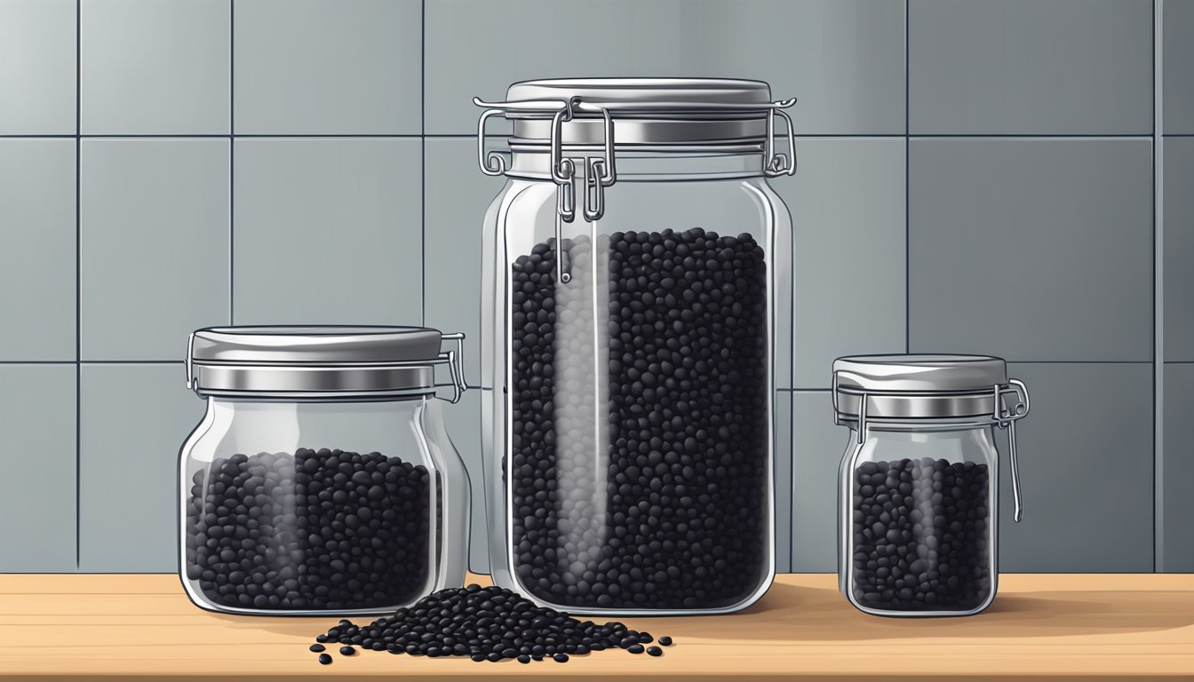 A pile of black lentils in a glass jar, sealed with a lid, sitting on a kitchen shelf