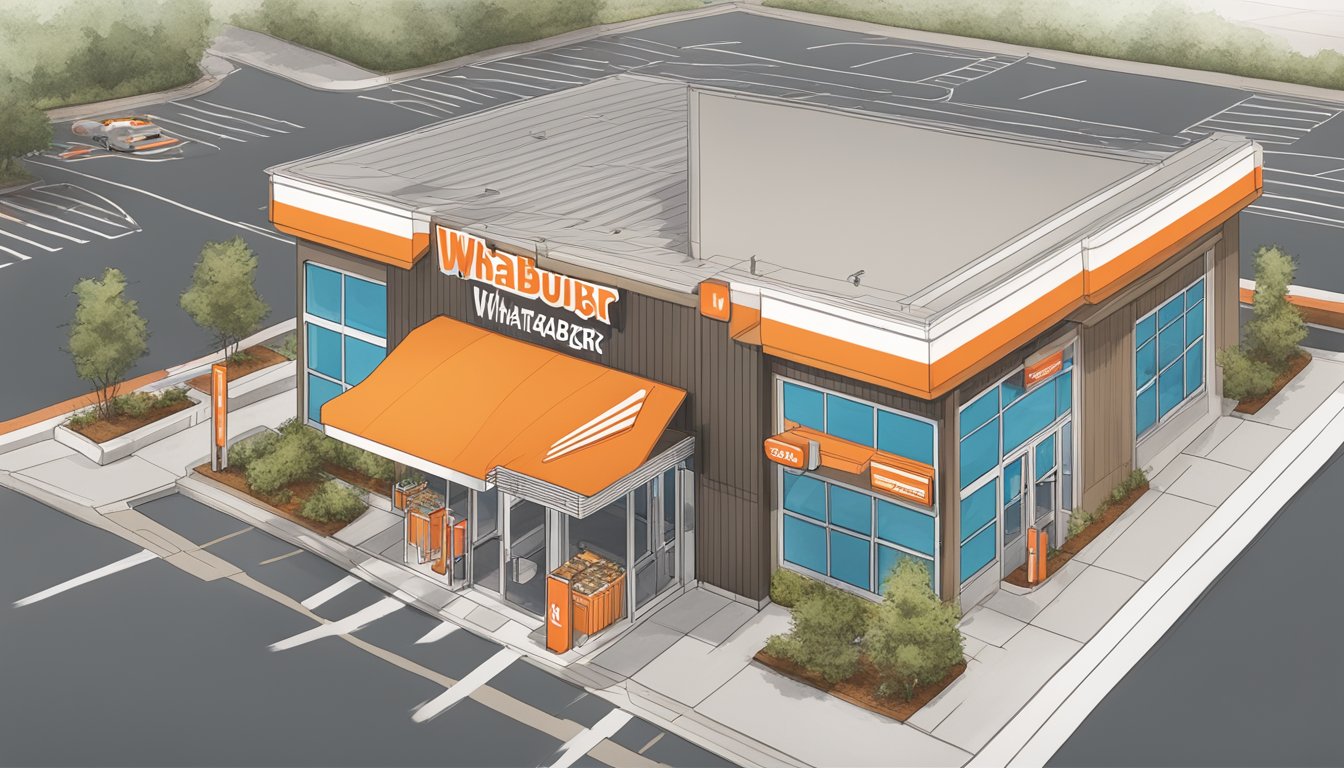 A WhatABurger store with a clear Apple Pay logo on the entrance, surrounded by a parking lot and accessible ramps