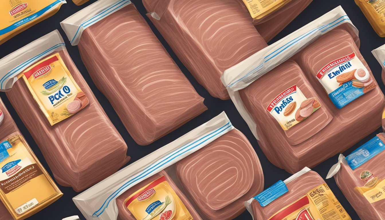 A pack of bologna sits on a kitchen shelf, surrounded by other food items. The expiration date is visible on the packaging