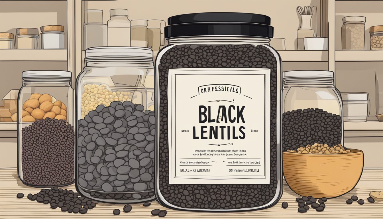 A jar of black lentils sits on a kitchen shelf, surrounded by other dry goods. The label indicates the date of purchase, and the jar appears unopened