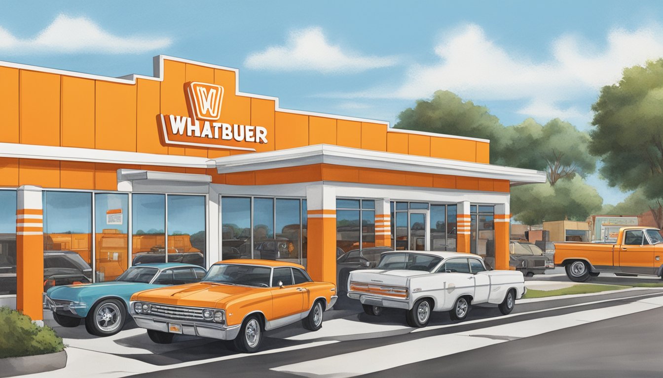 The Whataburger in San Antonio, TX is open for business, with cars lined up at the drive-thru and customers dining inside