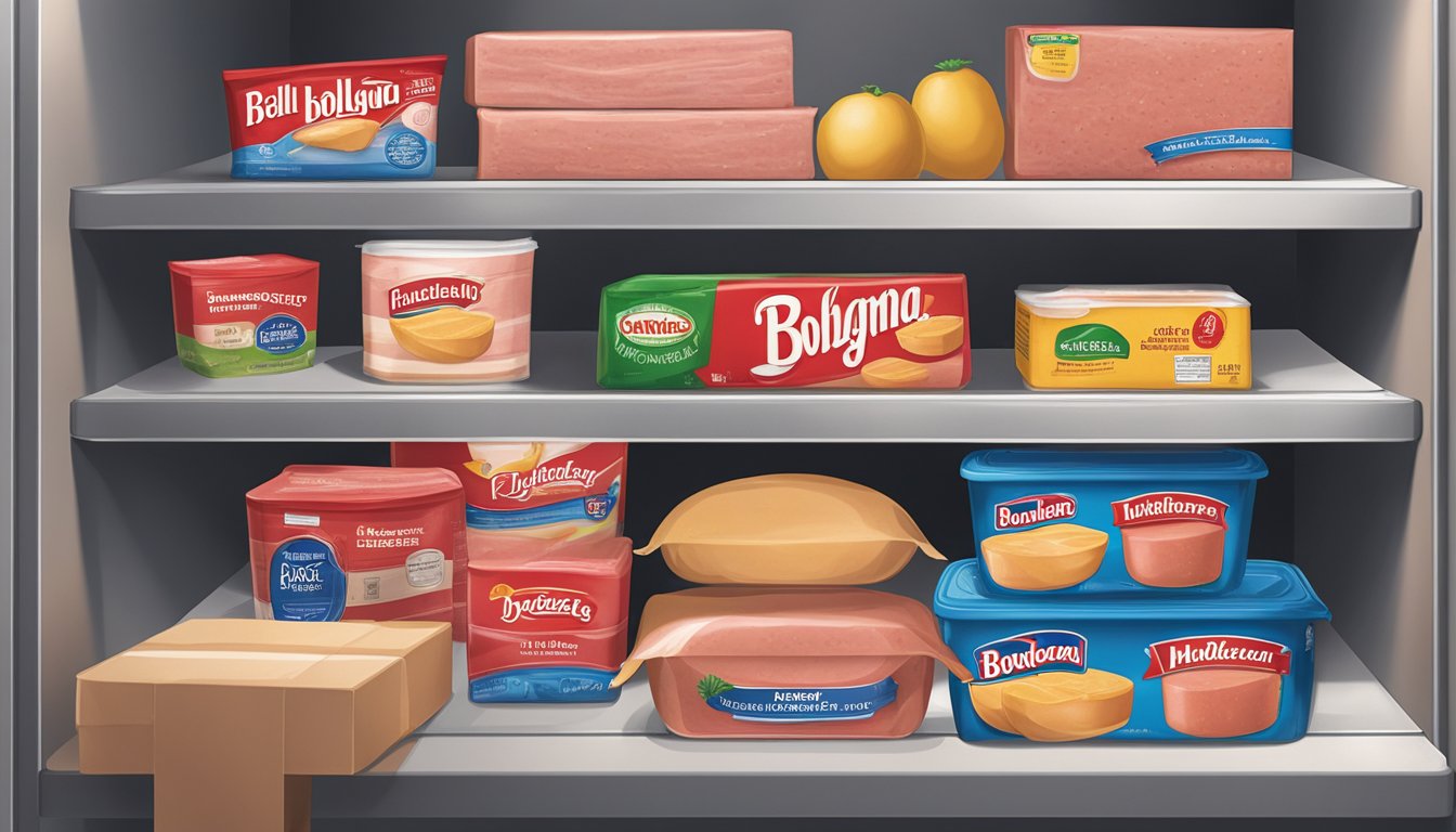 A sealed package of bologna sits on a refrigerator shelf alongside other perishable items