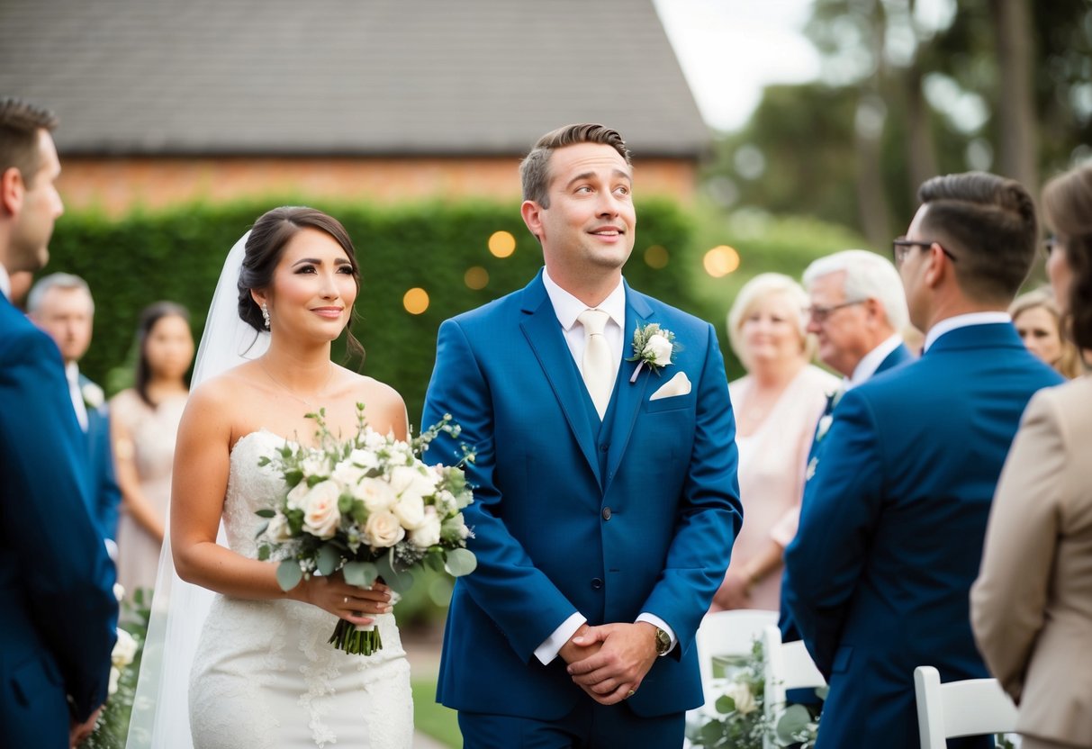 A groom stands in awe, tears welling in his eyes as he gazes at his bride walking down the aisle