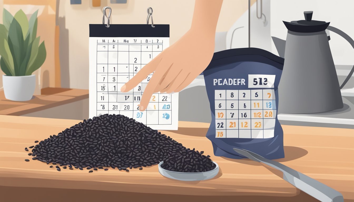 A bag of black rice sits on a kitchen shelf beside a calendar. A hand reaches for the bag, while a date is circled on the calendar