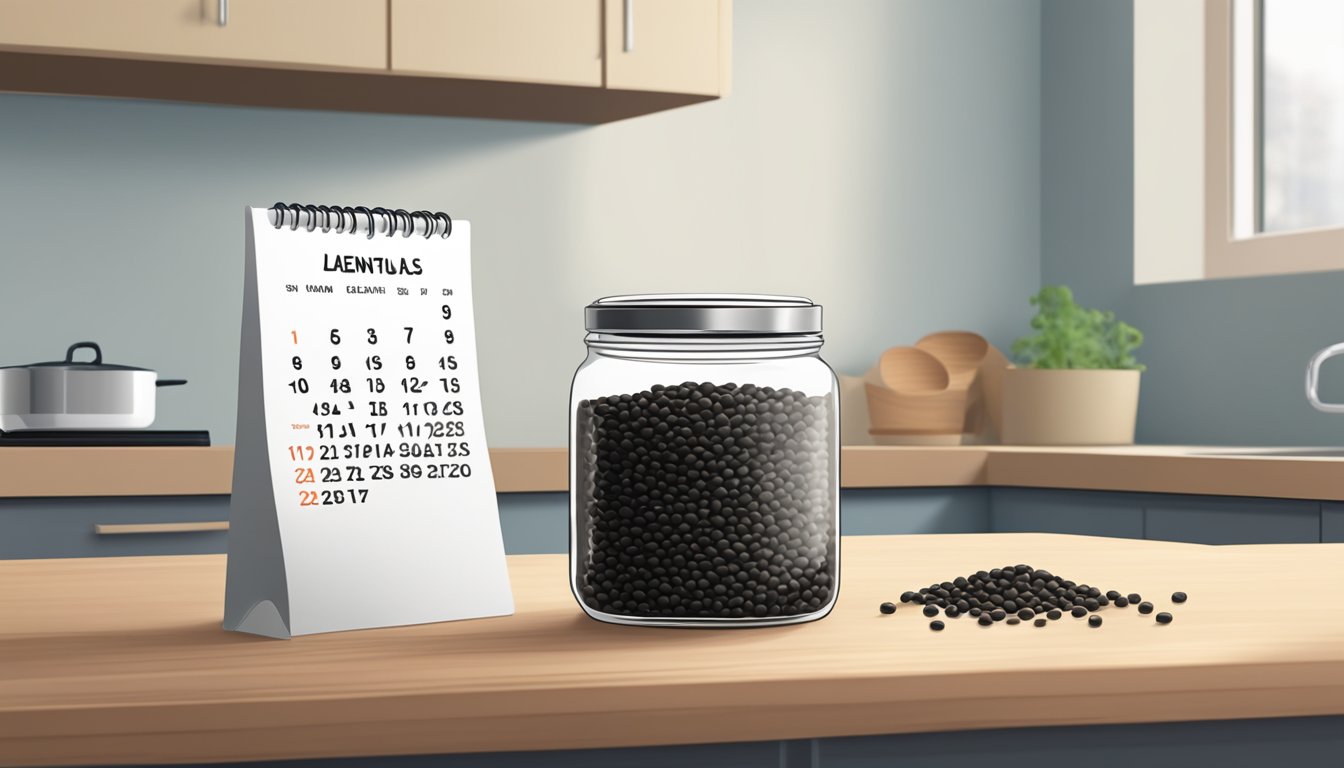 A clear glass jar of black lentils sits on a kitchen counter, with a calendar showing the current date in the background