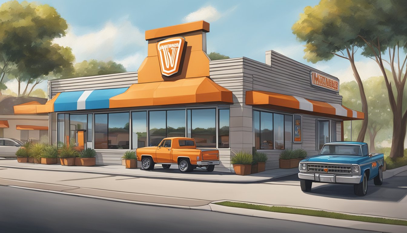 A Whataburger restaurant in San Antonio, TX with a drive-thru lane and a delivery driver dropping off orders