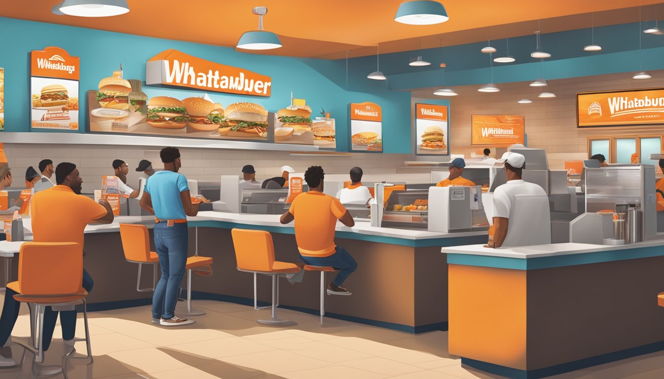 A bustling Whataburger restaurant in San Antonio, Texas, with customers receiving promotions and rewards at the counter