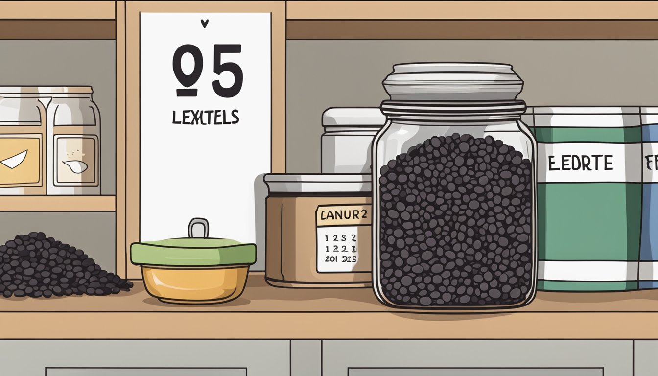 A jar of black lentils sits on a shelf, with a label indicating the expiration date. Nearby, a calendar marks the current date