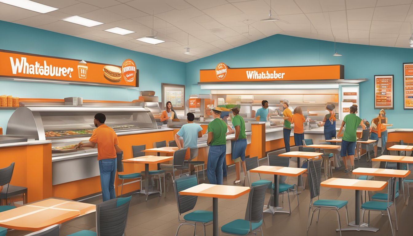 A bustling Whataburger restaurant in San Antonio, Texas, with a line of satisfied customers and cheerful staff providing excellent service