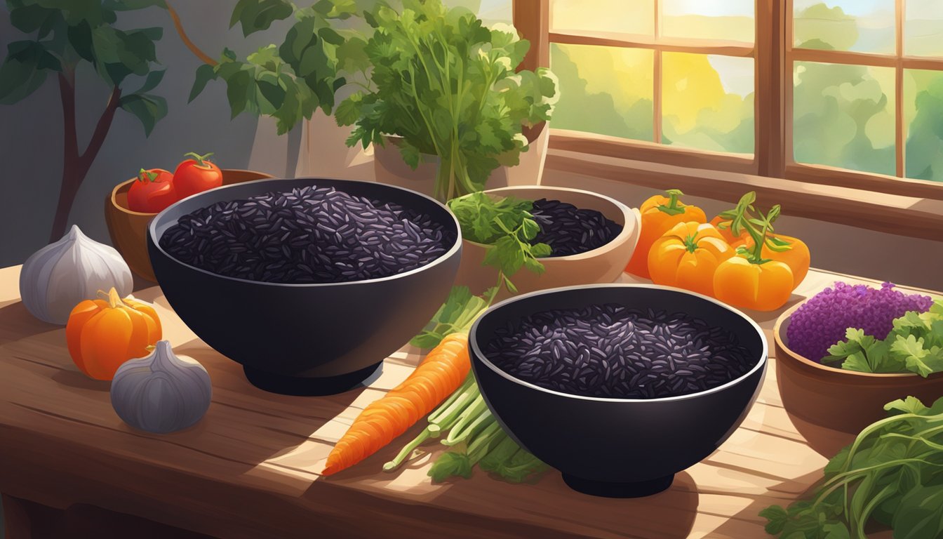 A bowl of black rice sits on a wooden table, surrounded by vibrant vegetables and herbs. The sunlight streams in through a nearby window, casting a warm glow over the scene