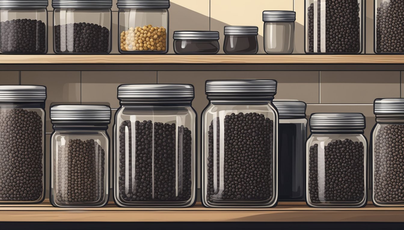 A glass jar filled with black lentils sits on a kitchen shelf, sealed tight with a metal lid. The pantry is cool and dark, preserving the lentils' freshness