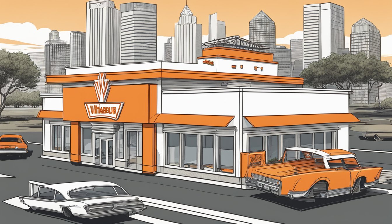 The iconic orange and white-striped Whataburger building stands tall against the Houston skyline, with a line of cars wrapped around the drive-thru and the smell of freshly grilled burgers wafting through the air