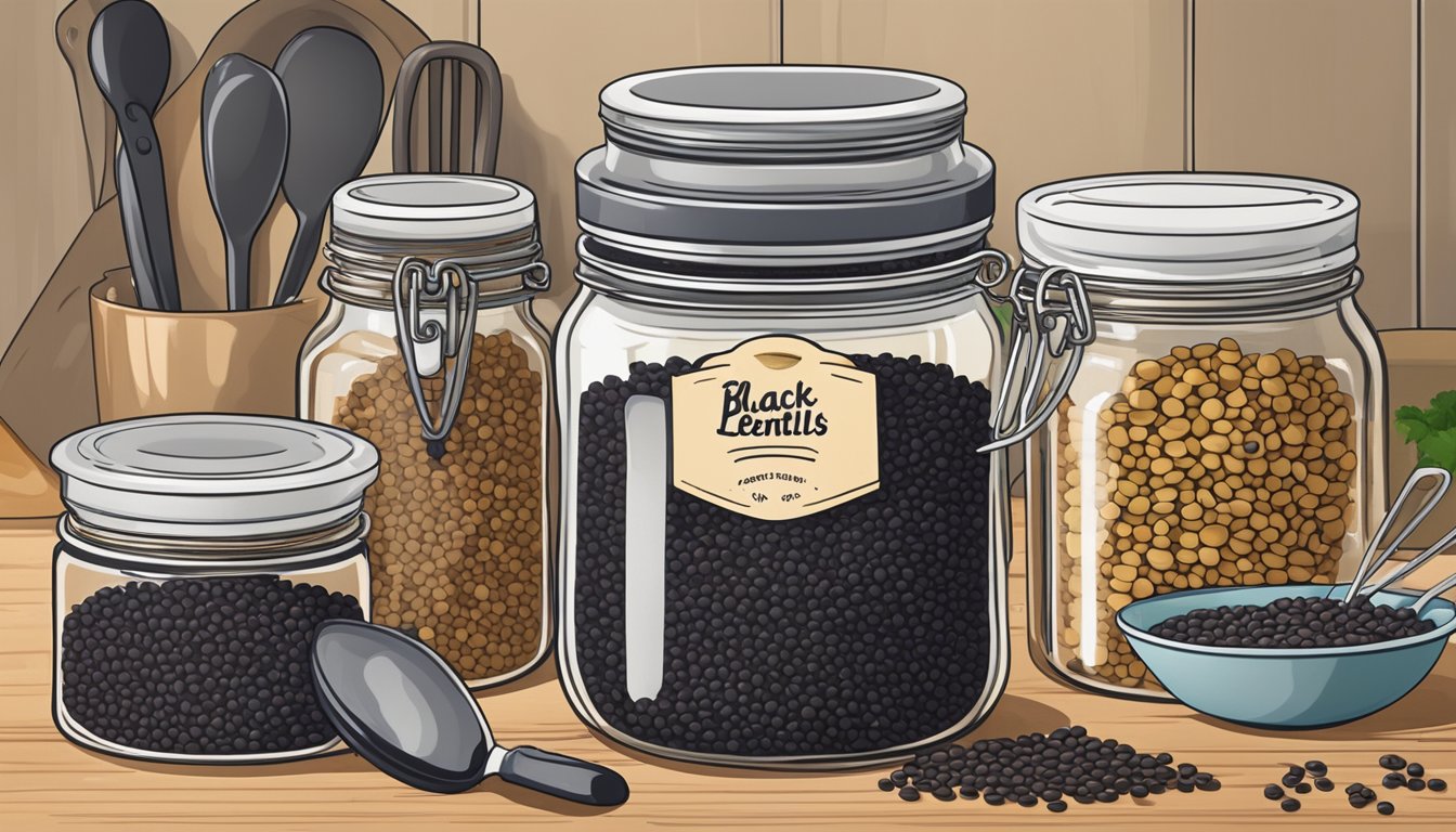 A jar of black lentils sits on a kitchen shelf, surrounded by other dried ingredients and cooking utensils. The label on the jar indicates the expiration date