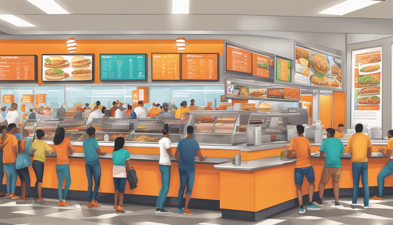 A crowded Whataburger restaurant in Houston with a colorful menu board and customers ordering at the counter