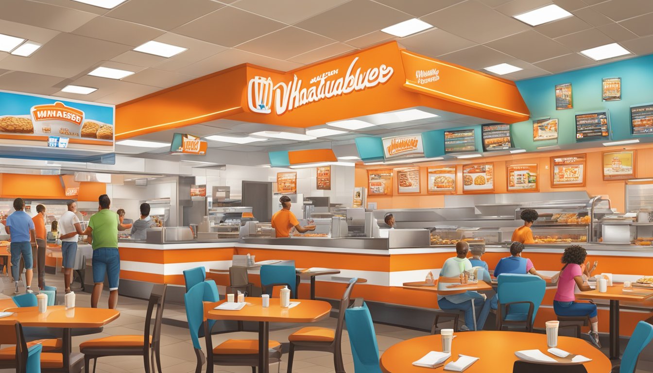 A bustling Whataburger restaurant in San Antonio, Texas, with customers enjoying their meals and branded merchandise on display