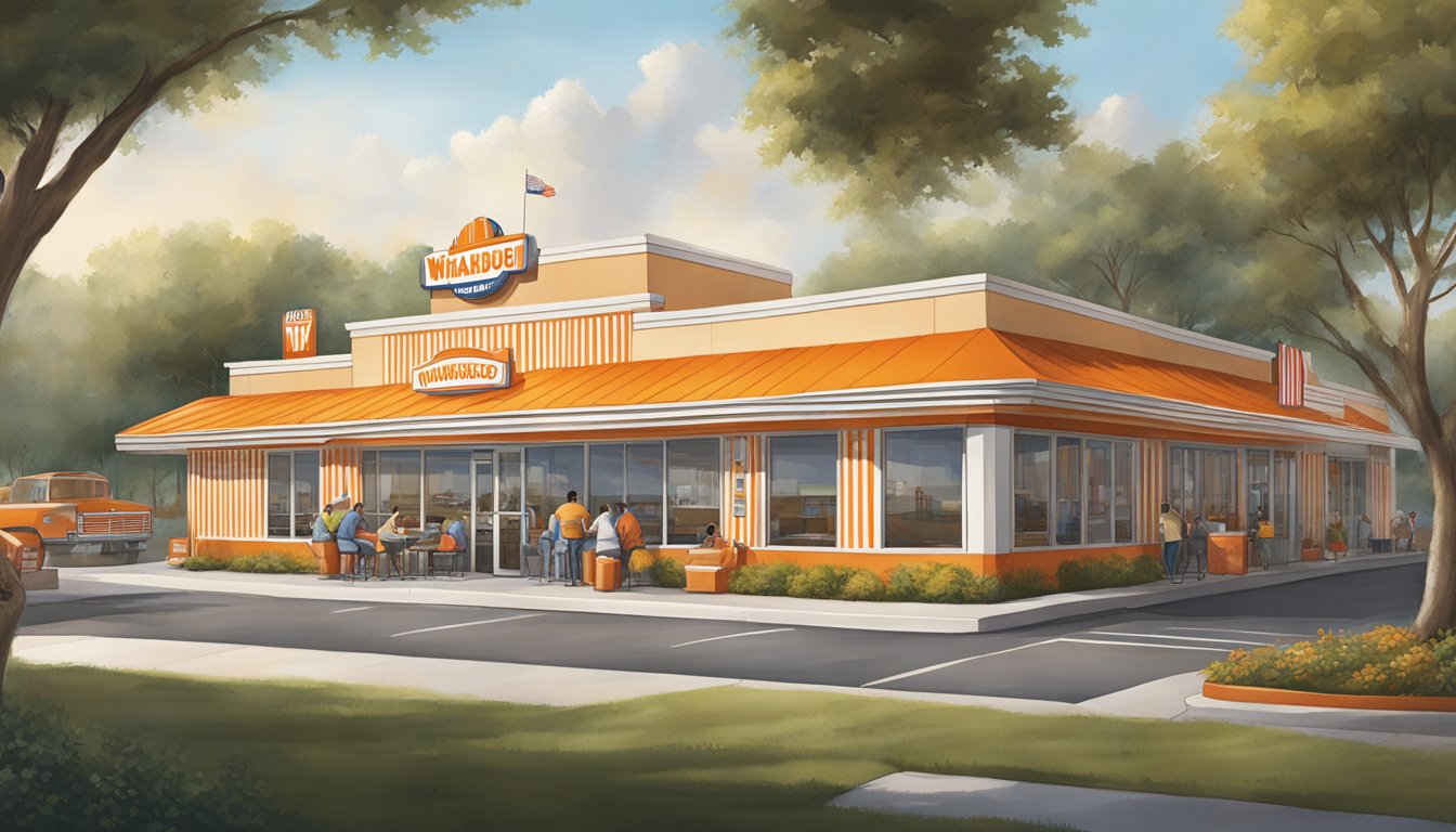 A bustling Whataburger restaurant in San Antonio, Texas, with the iconic orange and white striped building and the trademarked logo displayed prominently