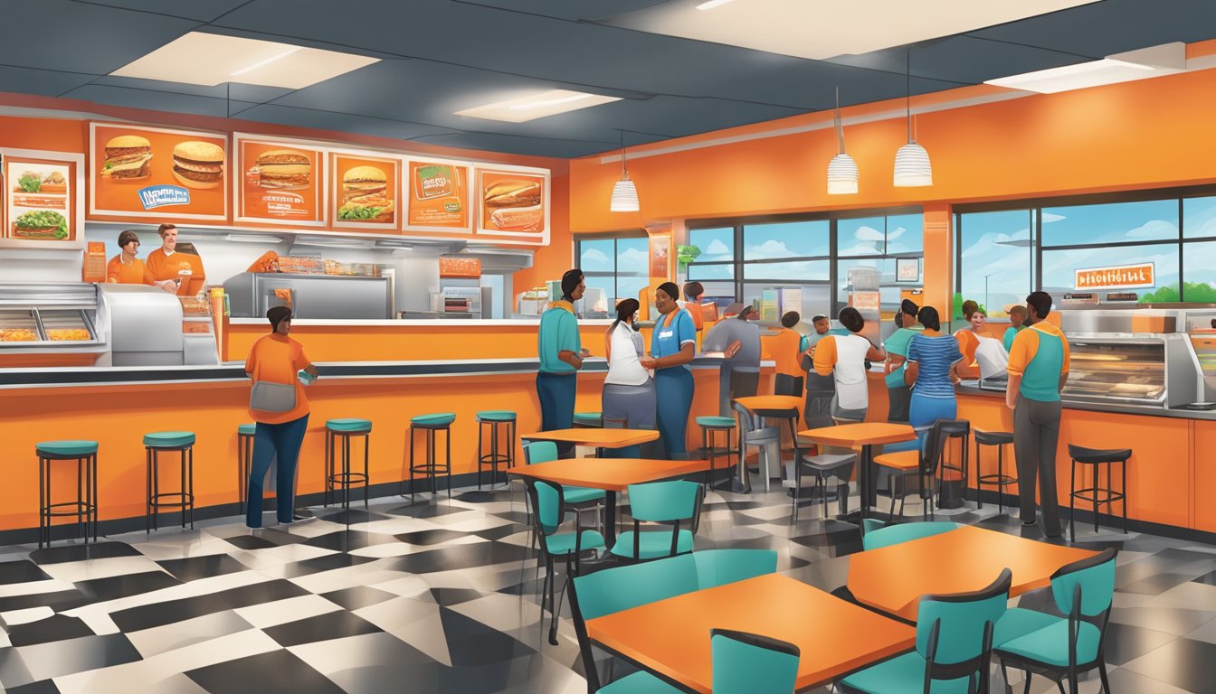 A bustling Whataburger restaurant in Houston with a line of customers, a colorful menu board, and staff preparing unique service offerings