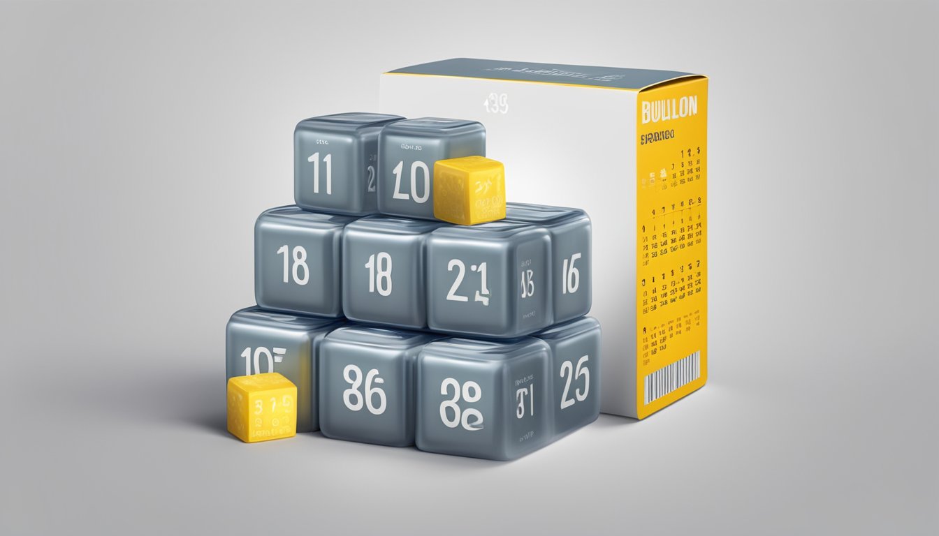 A stack of bouillon cubes on a kitchen shelf, with a calendar showing the current date and an expiration date marked on the packaging