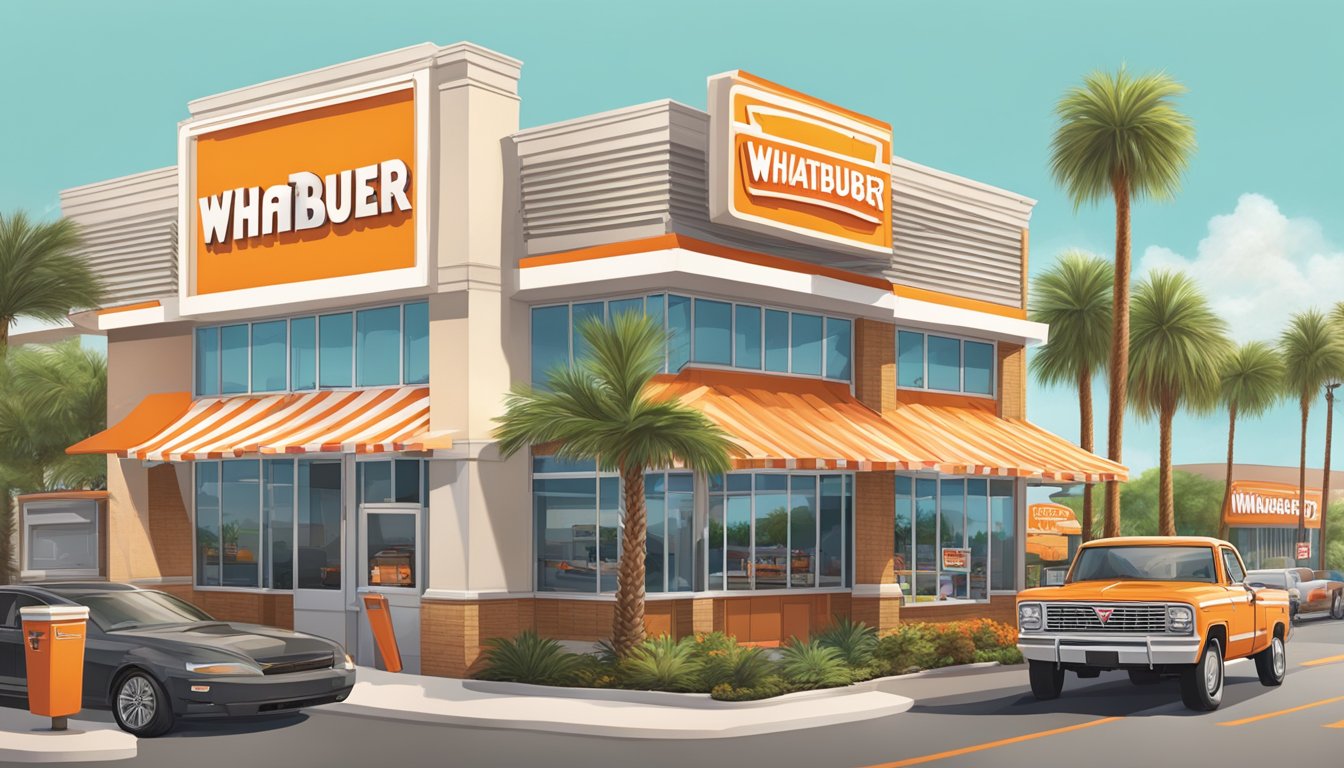 A bustling Whataburger restaurant in Houston, with a drive-thru line and outdoor seating, surrounded by palm trees and a busy cityscape