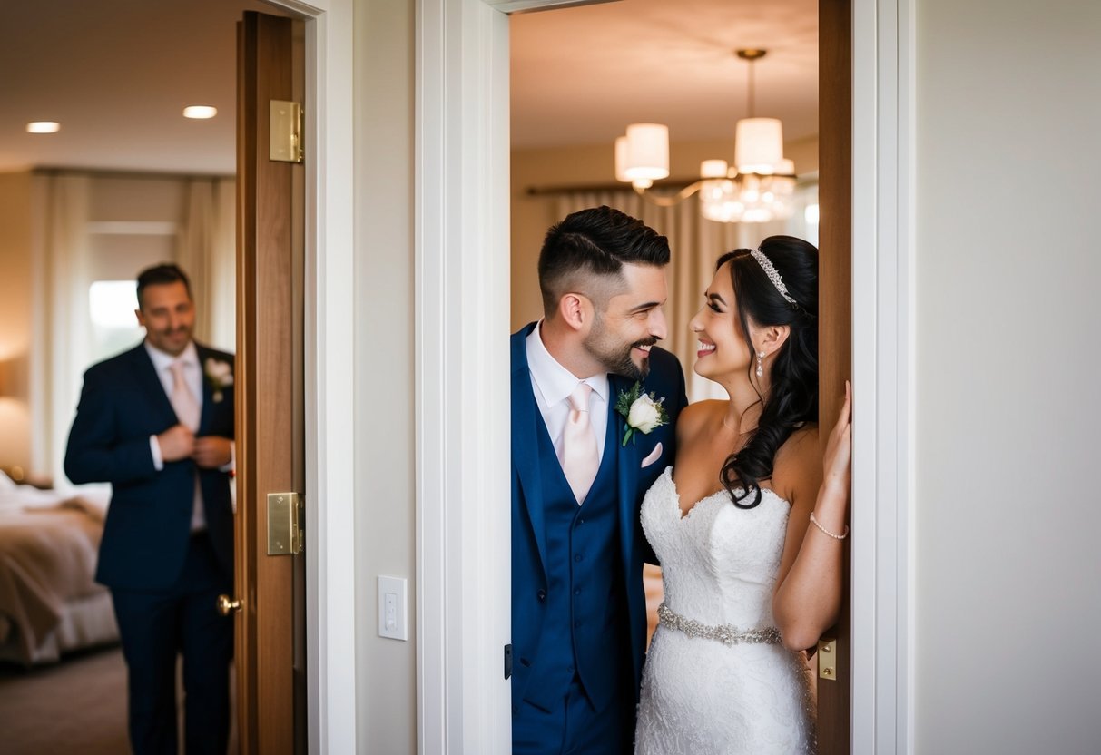 A groom hiding behind a door, peeking at the bride getting ready