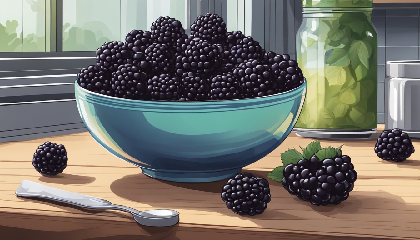 Fresh blackberries in a bowl on a kitchen counter. Some are ripe and juicy, while others are starting to show signs of spoilage