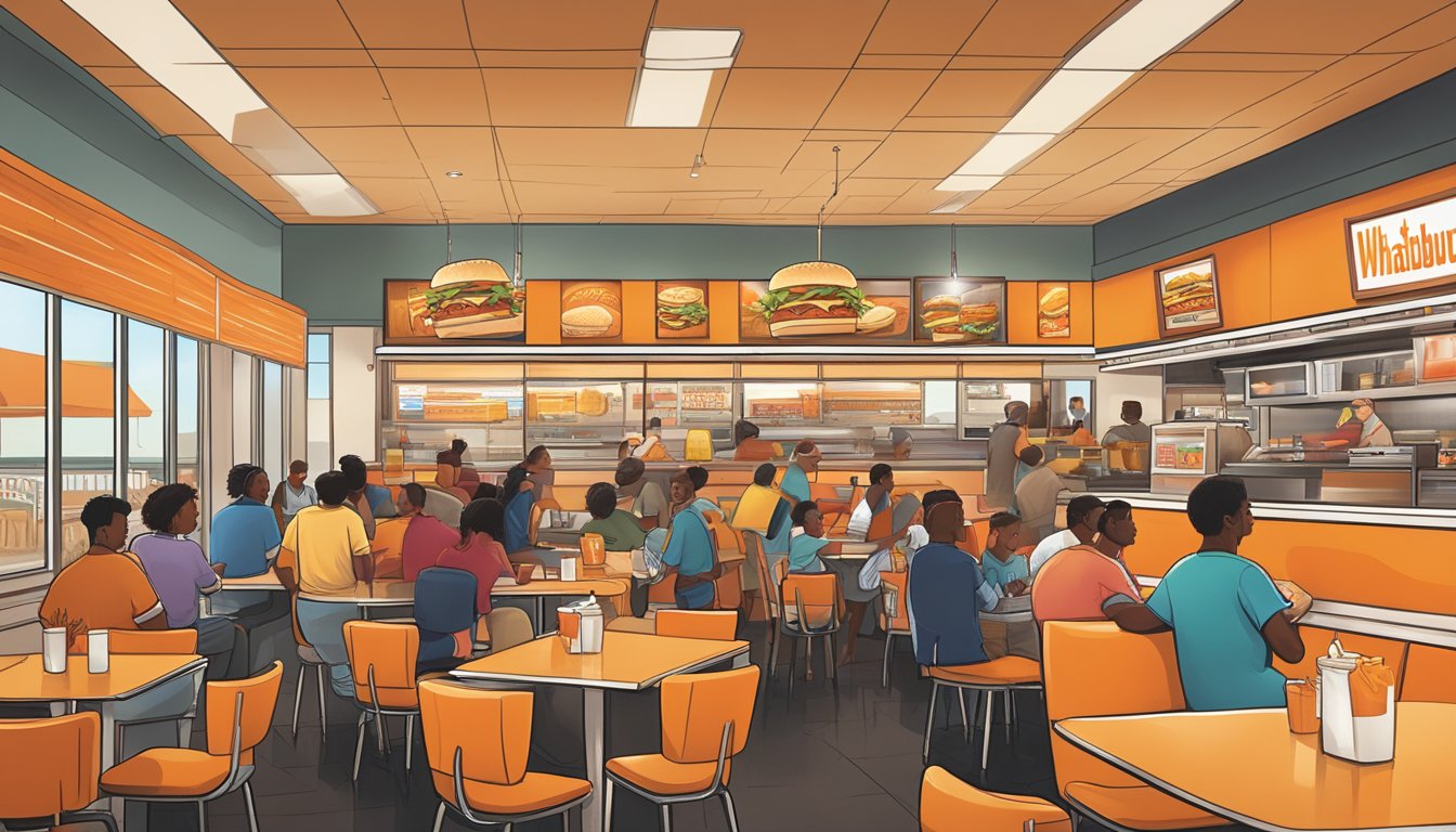 A bustling Whataburger in Houston, with diverse customers enjoying iconic Texas cuisine in a lively, vibrant atmosphere