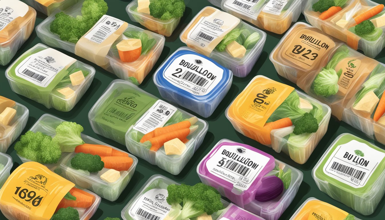 A package of bouillon cubes with a clear expiration date on the label, alongside a variety of fresh and wilted vegetables