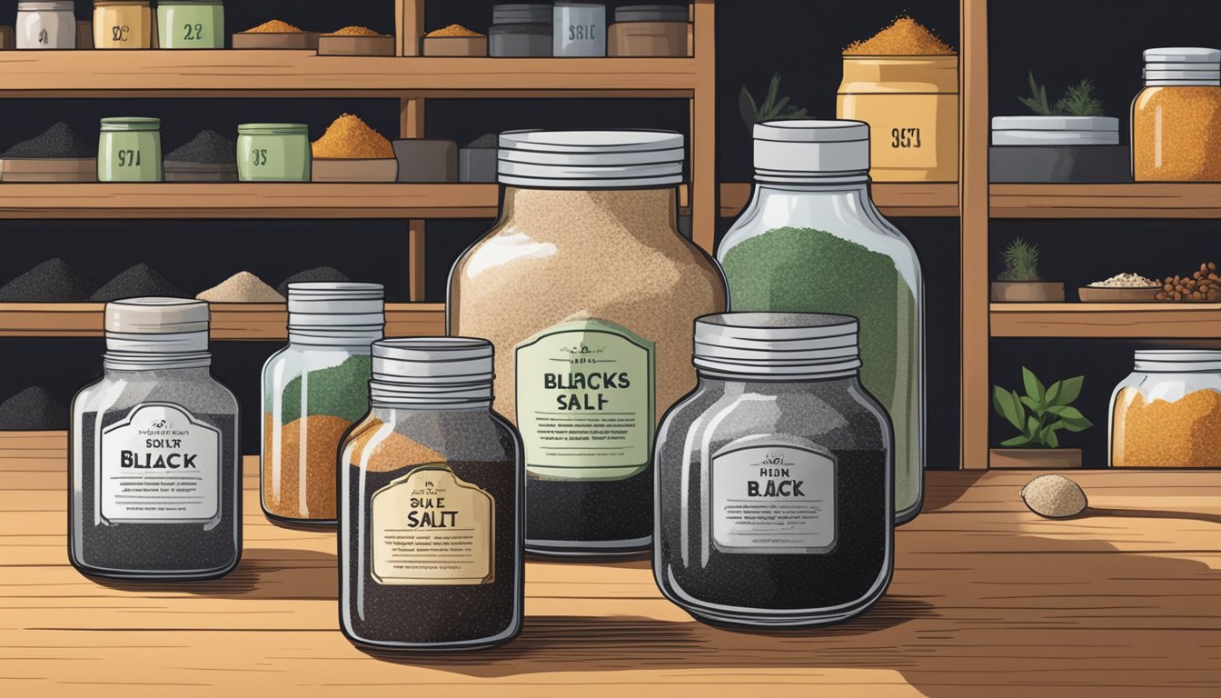 A jar of black salt sits on a shelf, surrounded by other spices. The label indicates the expiration date, which is still far in the future