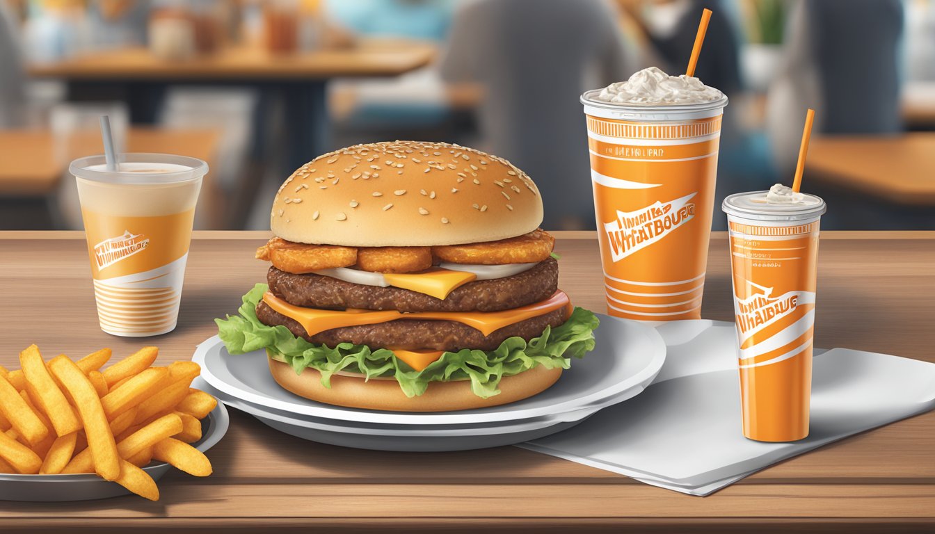 A table with a Whataburger meal, including a burger, fries, and drink, with a nutritional information label displayed next to it