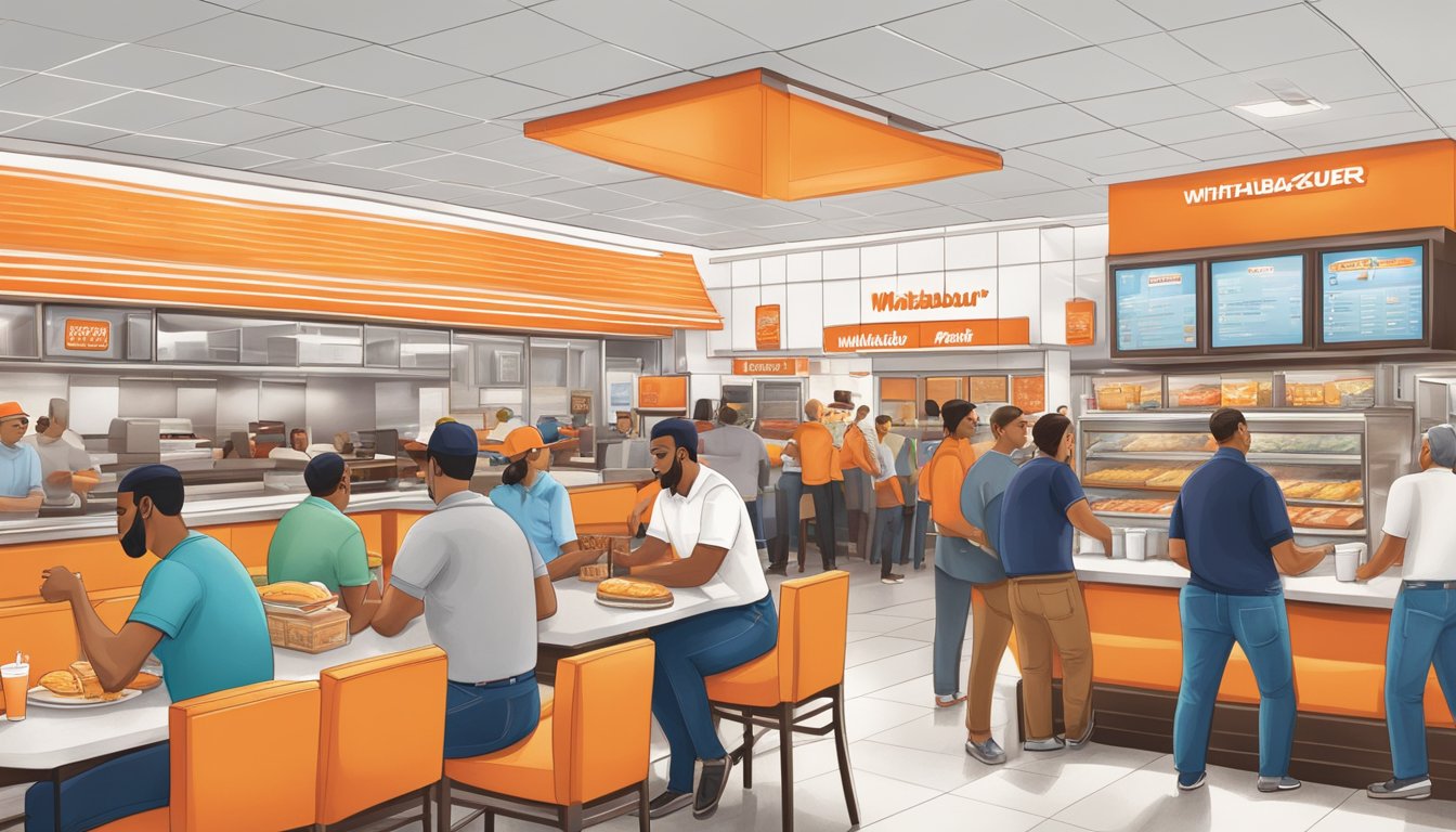 A bustling Whataburger in Houston with customers chatting, enjoying meals, and engaging with staff