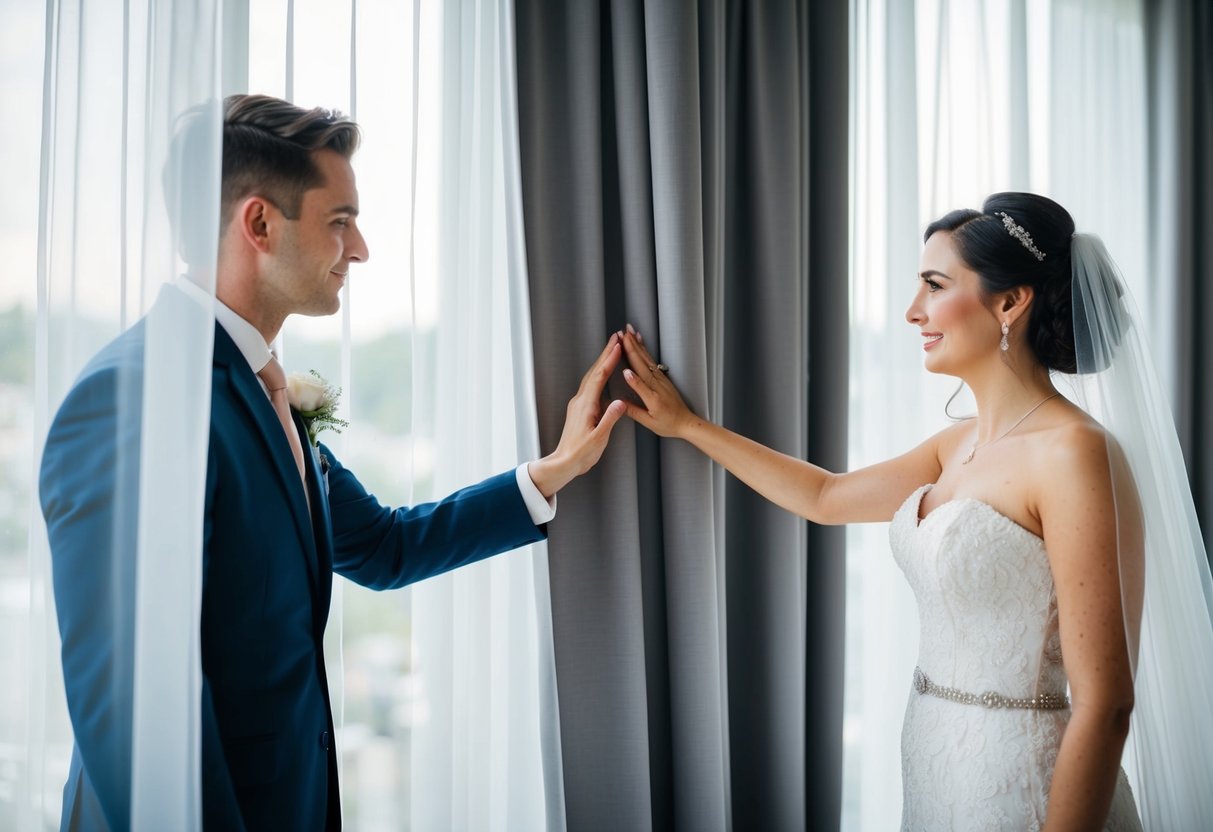 A bride and groom separated by a sheer curtain, reaching out to touch each other but unable to make contact