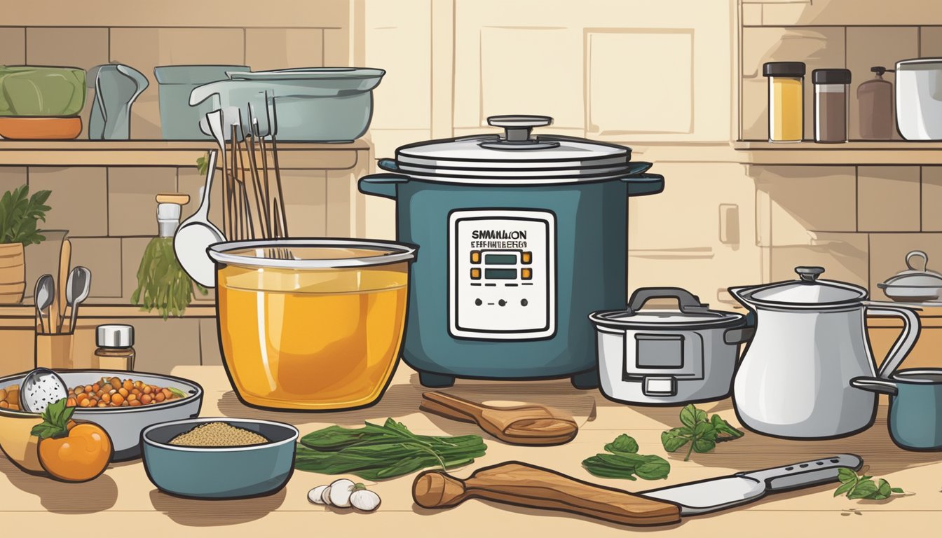 A bouillon cube sits on a kitchen counter, surrounded by various ingredients and cooking utensils. The packaging indicates the expiration date, while a pot simmers on the stove