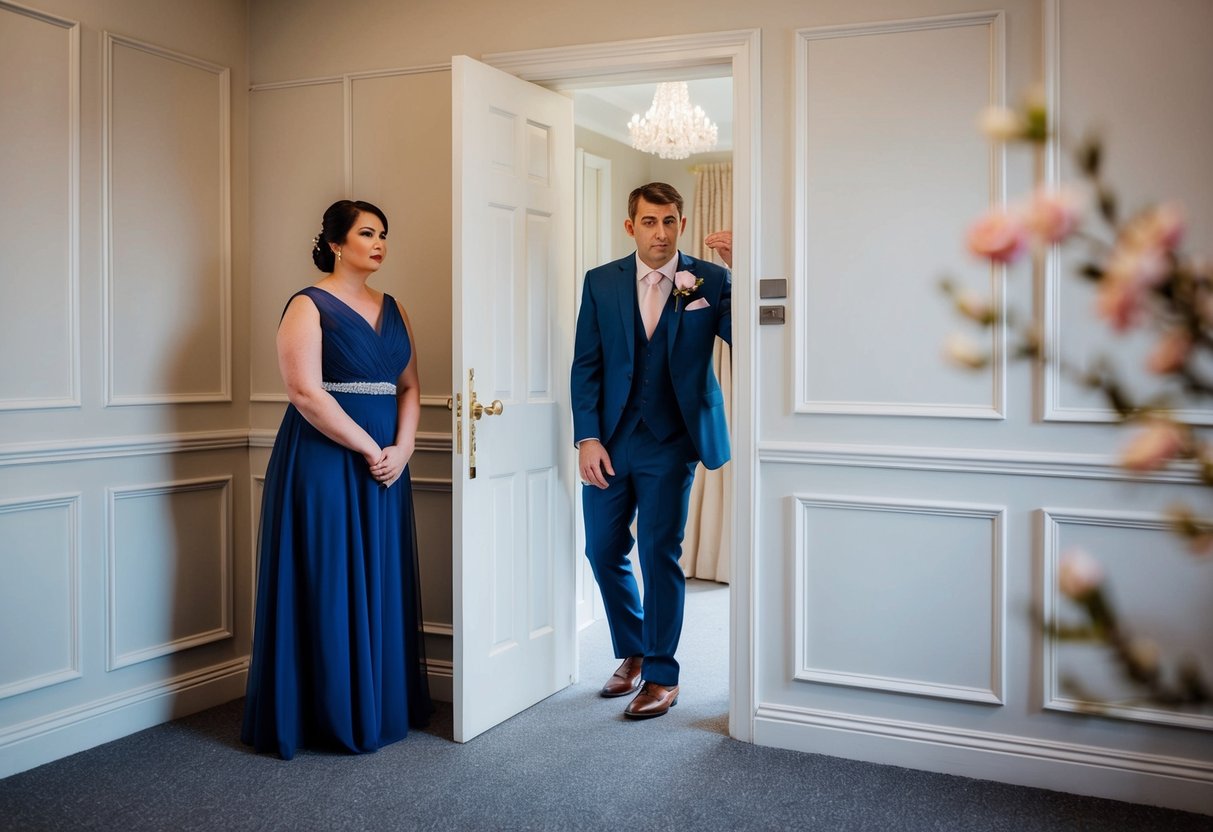 A groom nervously waits outside a closed door, while a bridesmaid stands guard, preventing anyone from entering before the ceremony