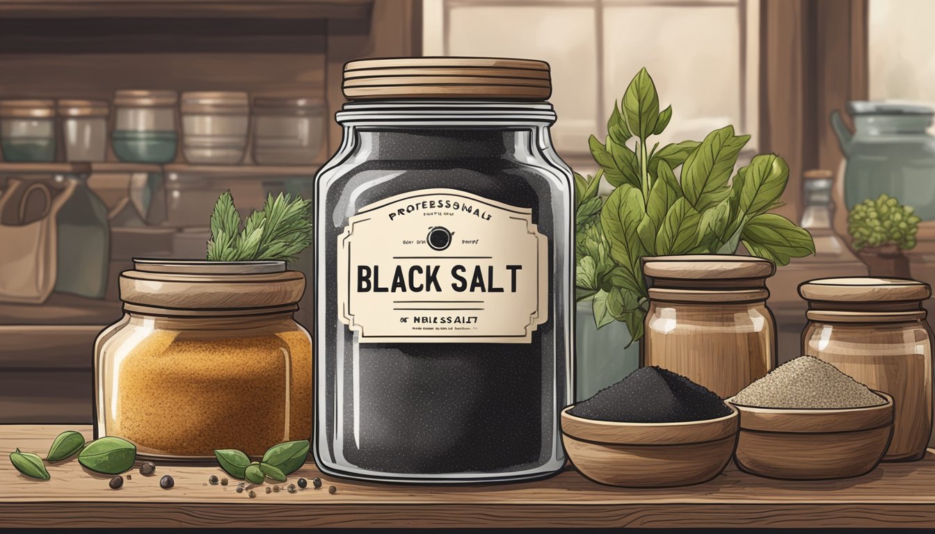 A jar of black salt sits on a rustic kitchen shelf, surrounded by various spices and herbs. The label is faded, hinting at years of use