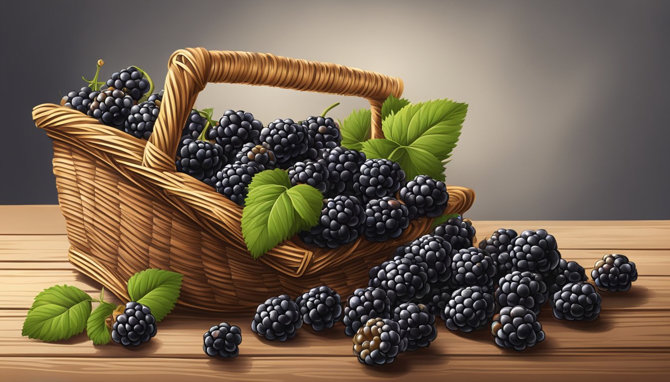 A pile of ripe blackberries spilling out of a wicker basket, scattered on a wooden table with a few rolling onto the ground