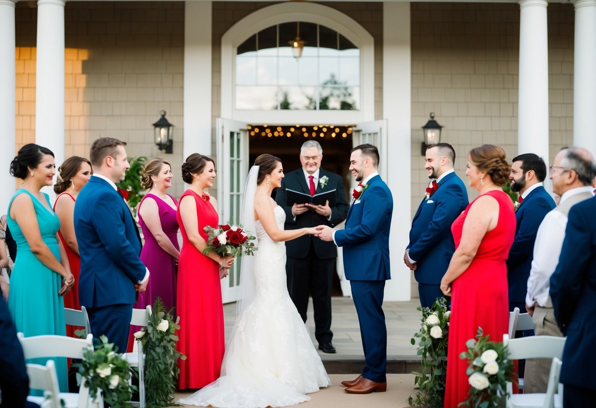 A wedding scene with guests dressed in various colors, but no one wearing red. The bride and groom are exchanging vows at the front of the venue