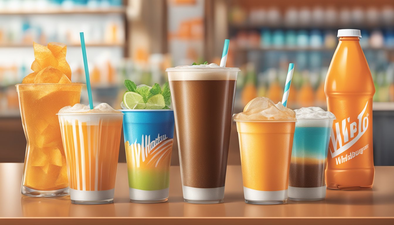 A colorful display of drinks and beverages at Whataburger, with prices clearly labeled