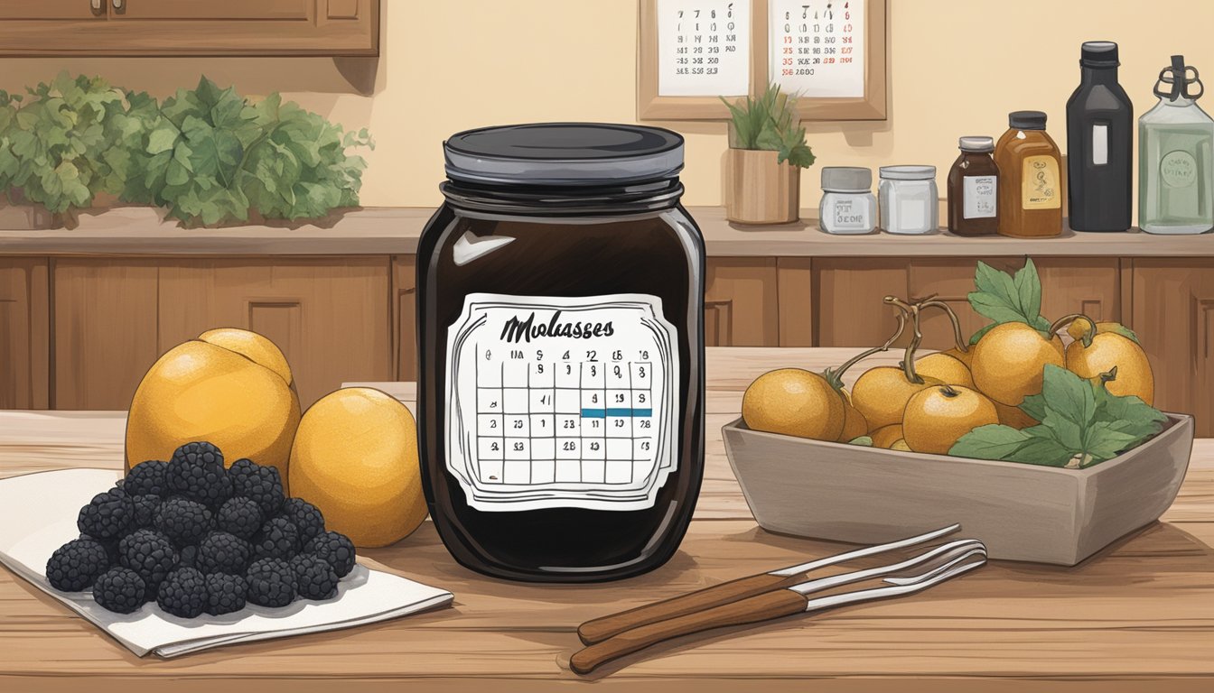 A jar of blackstrap molasses sits on a wooden kitchen counter, surrounded by ingredients and a calendar with a date circled