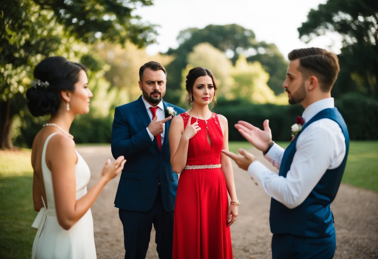 A wedding guest holding a red dress while a couple gestures disapproval