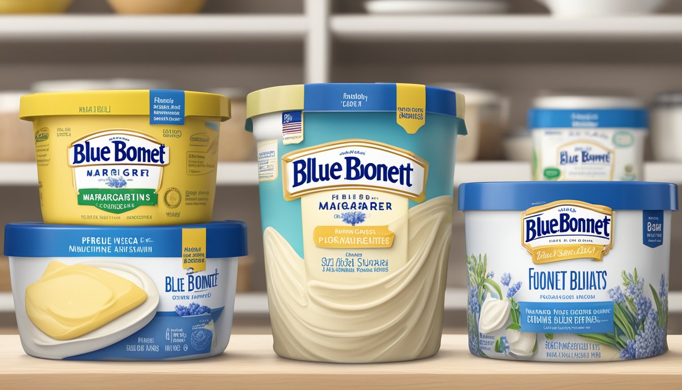 A tub of Blue Bonnet Margarine sits on a clean, organized shelf next to other kitchen essentials like flour and sugar. The label is facing forward, and the product looks fresh and unopened