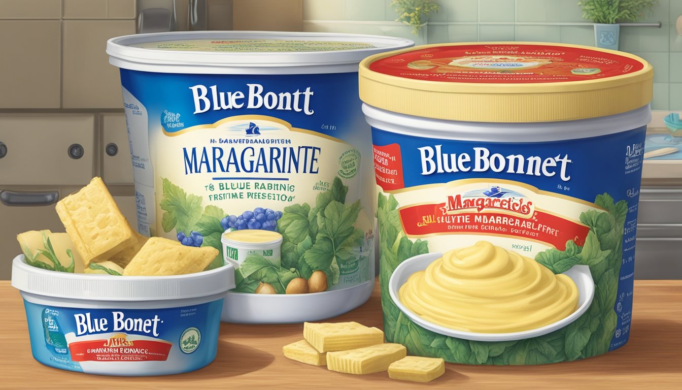 A tub of Blue Bonnet Margarine sits on a kitchen counter, surrounded by various food items. The margarine appears untouched and the packaging is still intact