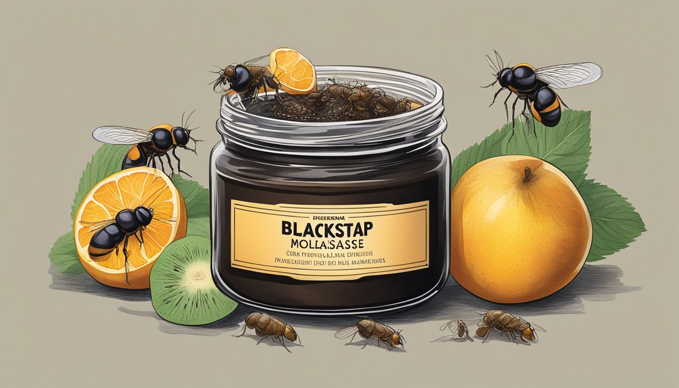 A jar of blackstrap molasses with an open lid, surrounded by fruit flies and a foul odor emanating from it