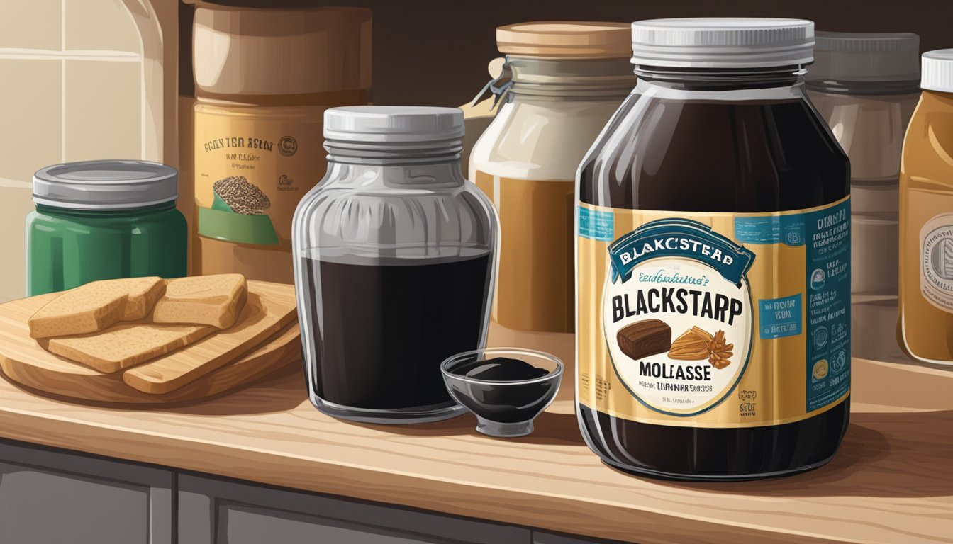 A jar of blackstrap molasses sits on a pantry shelf next to other baking ingredients. The label indicates the expiration date, and the jar is sealed tightly