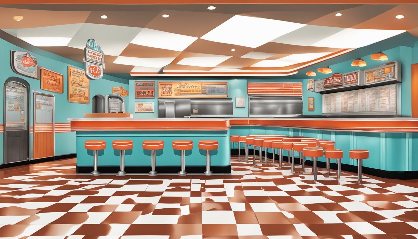 A vintage diner with red and white checkered floors, a jukebox, and a menu board displaying Whataburger's history and values, with prices listed